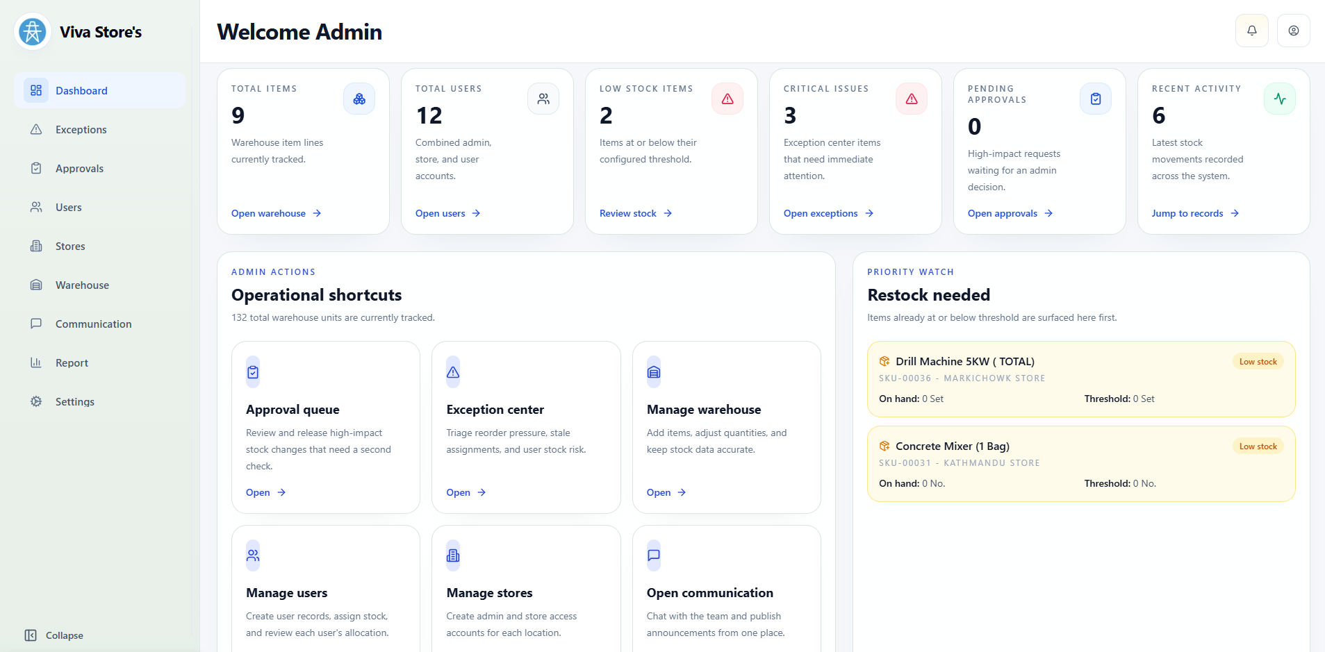 Viva Construction inventory dashboard preview